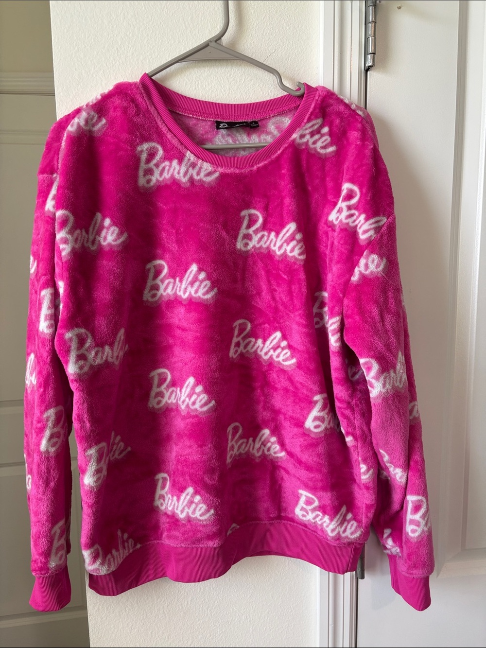 Barbie Plush Logo Crewneck Sweater - Bright Pink & White